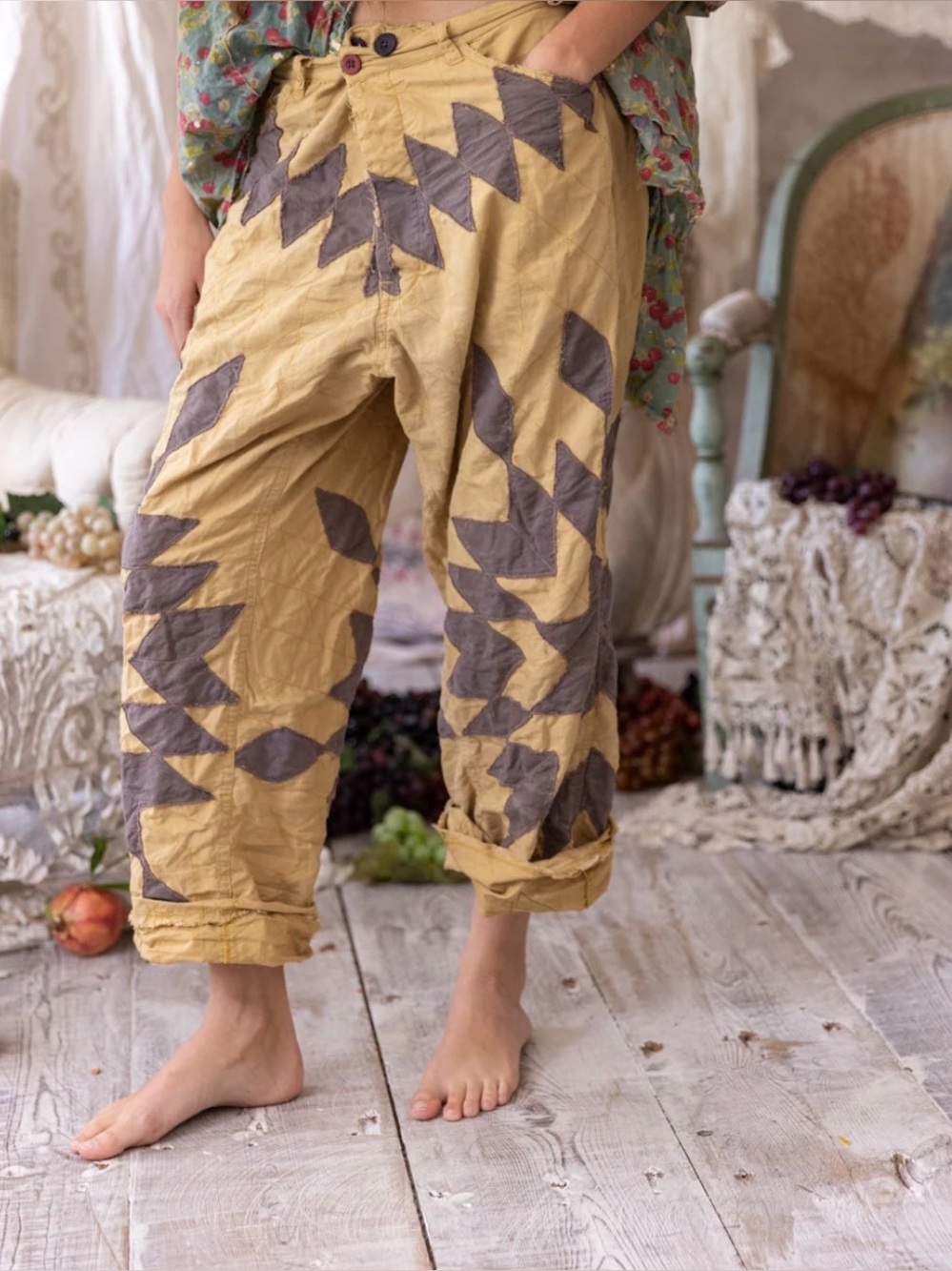 MAGNOLIA PEARL QUILTWORK MINER DENIMS LIGHTWEIGHT COTTON MUSTARD BROWN ONE SIZE